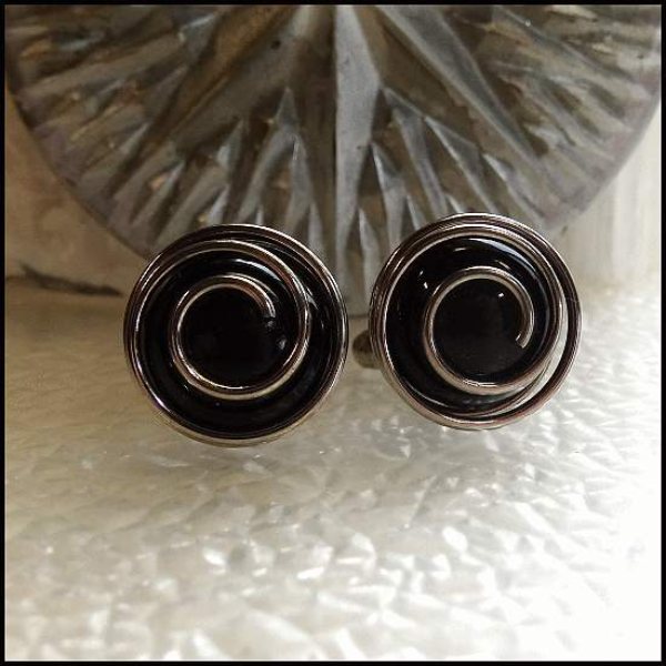 1950s Black Silver Spiral Atomic Age Orbs Vintage Cufflinks