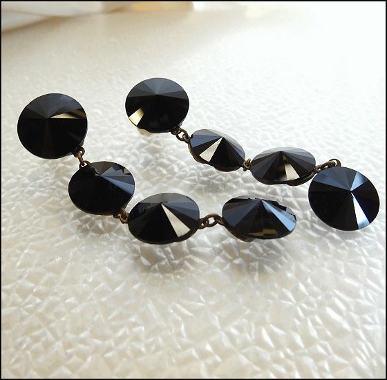 Wendy Gell Signed Black Rivoli Crystal Dangle Vintage Pierced Earrings