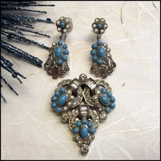1920s Art Deco Dress Clip w Earrings Turquoise w Crystals Set