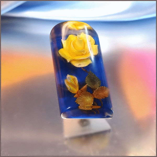 1960s Vintage Rose Pin Reverse Carved Lucite Yellow Blue Flowers