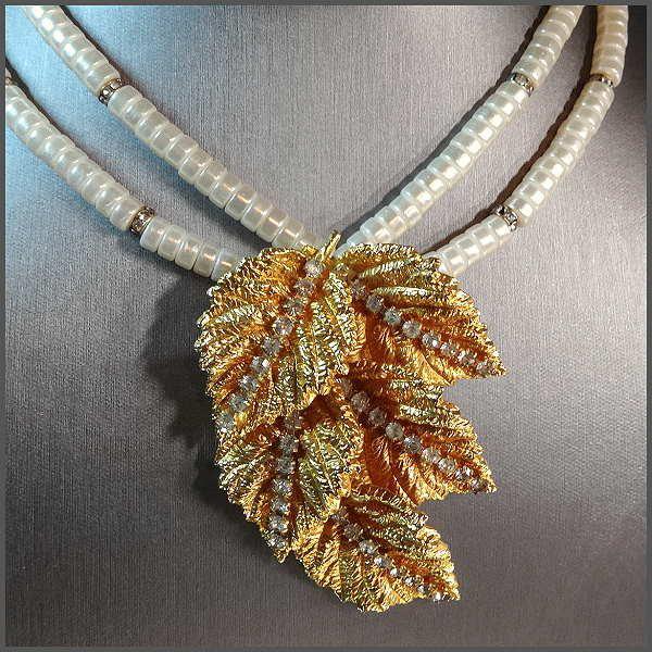 Signed Alice Caviness Vintage Pearl Necklace w Earrings Gold Rhinestone Leaves Set