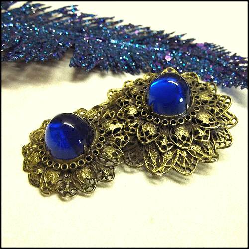 Antique Dress Clip European Large Gold Lace Flowers w Sapphire Blue Glass