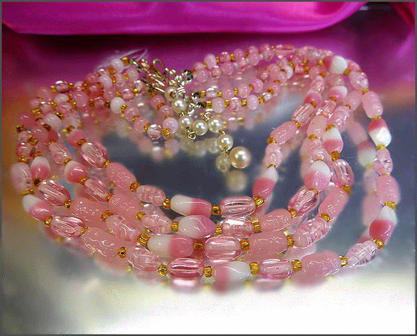 1950s French Pink Caned Glass 4 Strand Necklace w Earrings Set