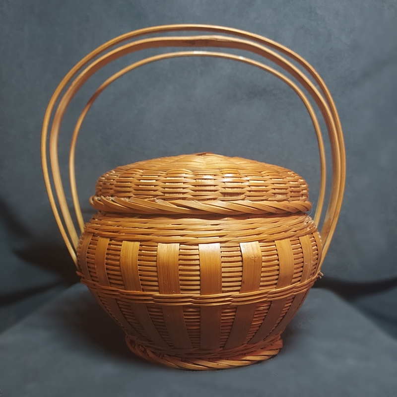 Bamboo Vintage Basket Mid 20th Century Triple Handle Squatty Round