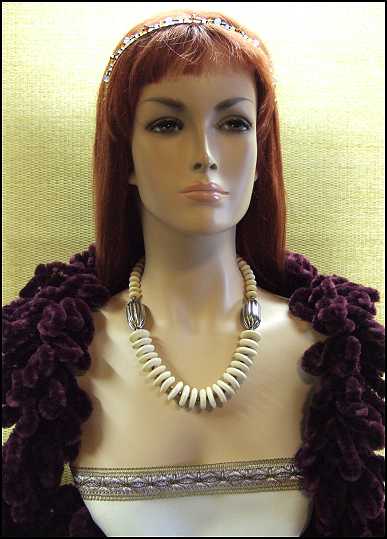 1970s Vintage Bohemian Necklace White Carved w Silver Beads 