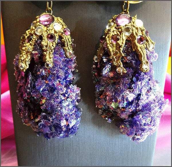 1980s WILD Vintage Earrings BIG Purple Mica Abstract Dangles