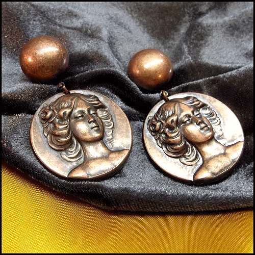 1960s Art Nouveau Style Lady Pierced Vintage Earrings