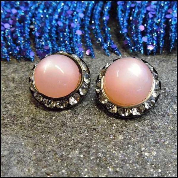 1950s Vintage Earrings Pink Moonstone Buttons w Rhinestone Frames by Coro