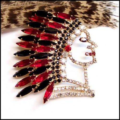 Signed Dominique Big Indian Chief Vintage Crystal Brooch