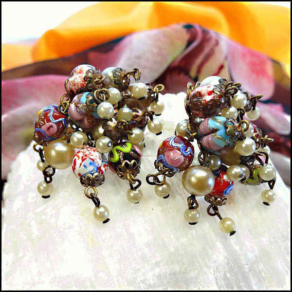 1940s Italian Vintage Earrings Murano Wedding Cake w Pearls