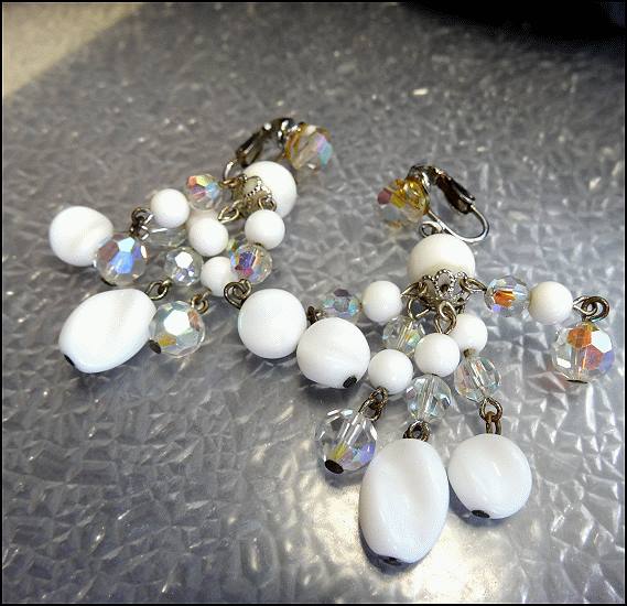 1950s Vintage Milk Glass Clip Earrings Dangles w Austrian Crystals 