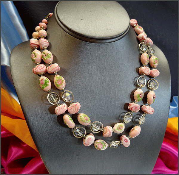 1950s Italian Vintage Glass Necklace Murano Pink Millefiori Roses 