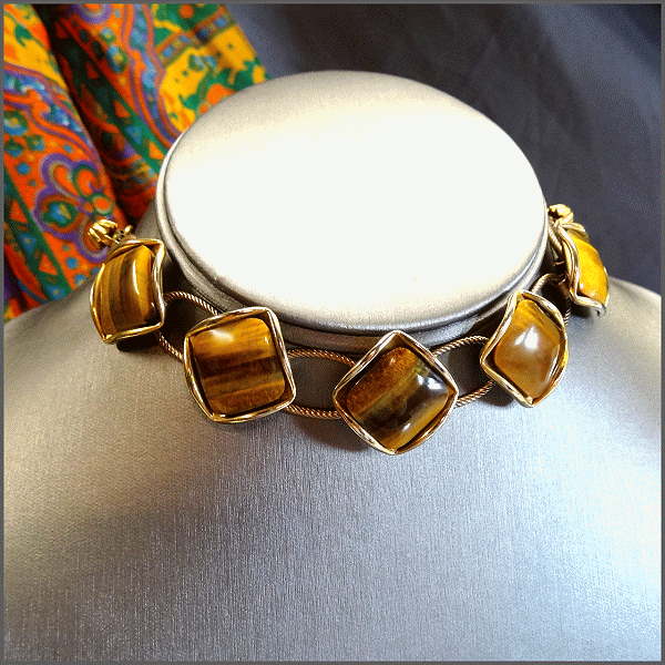 1950s Tigers Eye Gemstone Gold Vintage Necklace