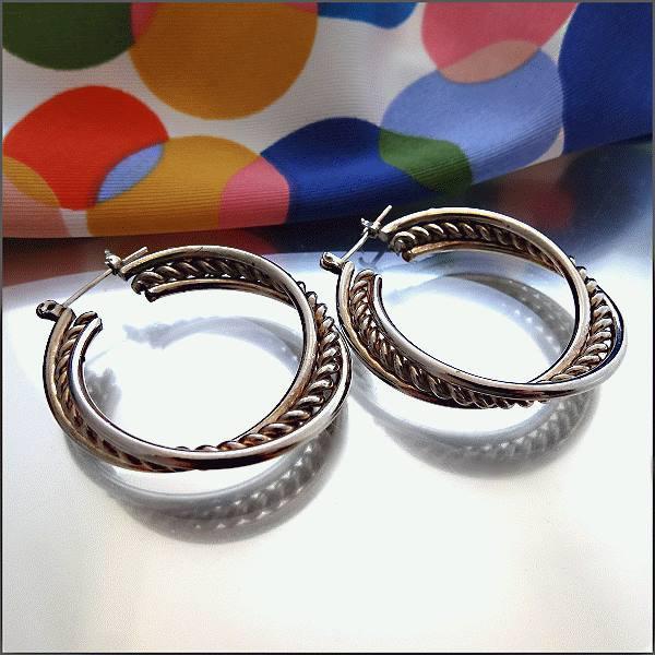 1970s Vintage Pierced Earrings Big Silver Chrome Rope Hoops 