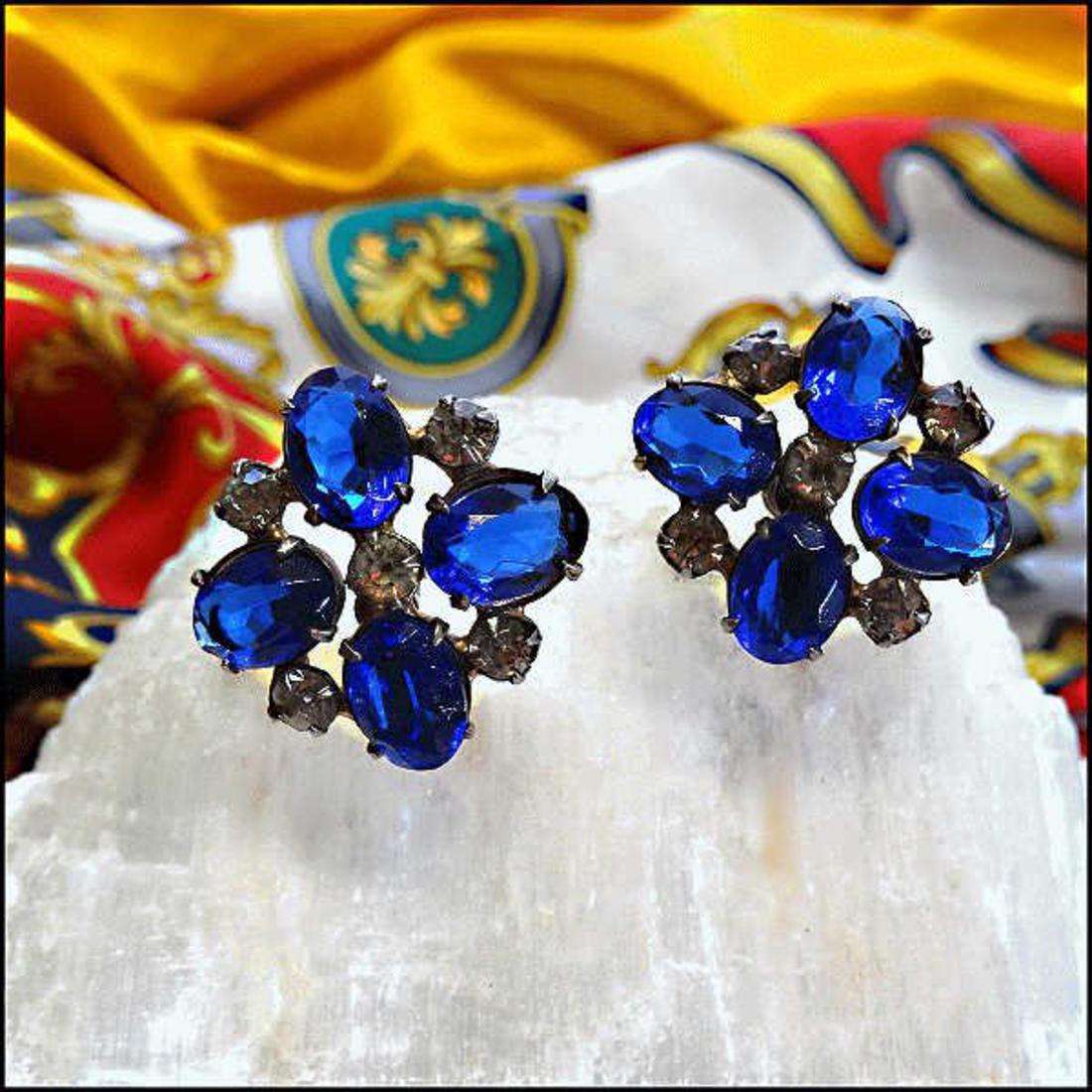 1940s Blue Sapphire Glass Sterling Silver Vintage Earrings