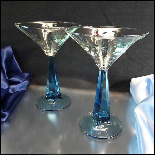 Retro Vintage Modern Martini Cocktail Glasses LG w Twisted Blue Stems Pair