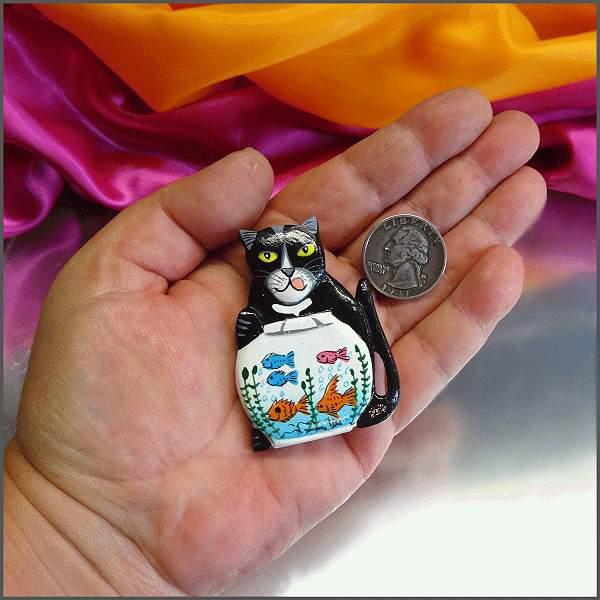 1980s Hand Painted Carved Wood Cool Vintage Cat Pin w Fish Bowl