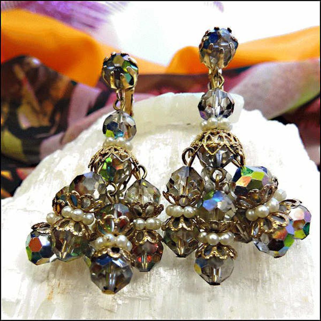 1950s Hattie Carnegie Chandelier Earrings Silver Crystals