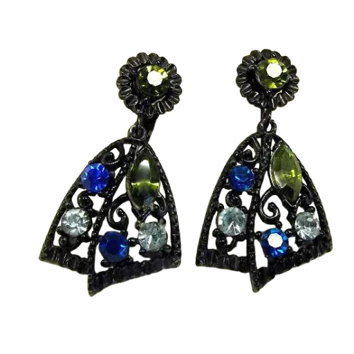 1950s Florenza Blue Green Japanned Jewels Vintage Clip Earrings