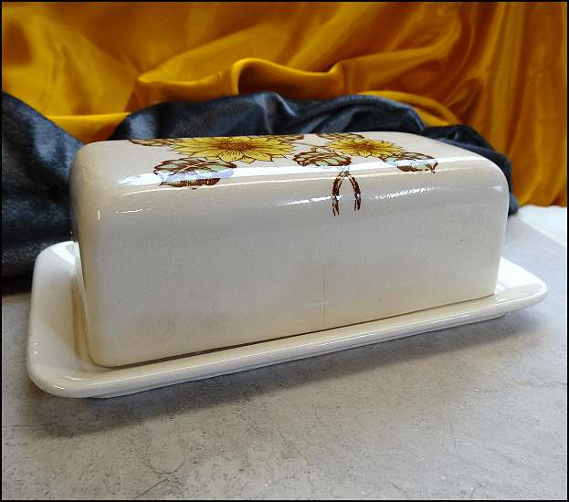 1970s Vintage Sunflower Big Butter Dish 1/4 Pound