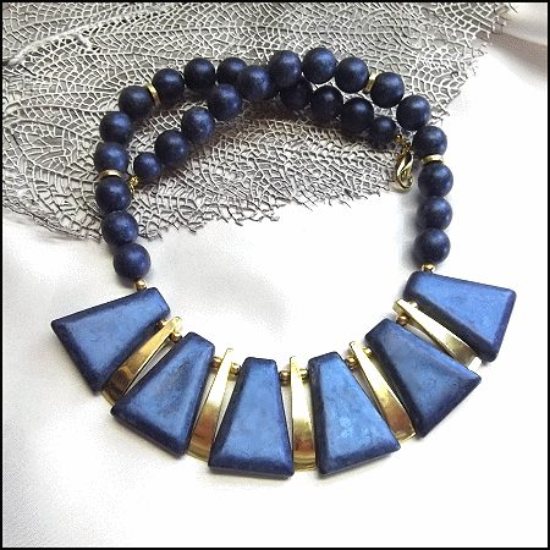 1970s Egyptian Revival Metallic Blue Wood Vintage Panel Necklace