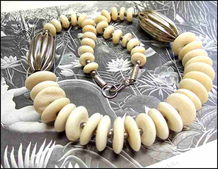 1970s Vintage Bohemian Necklace White Carved w Silver Beads 
