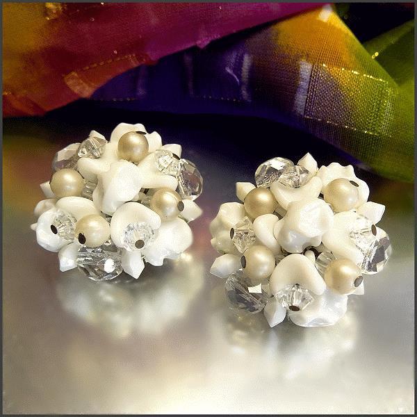 1950s Vintage Milk Glass Clip Earrings West Germany w Pearls n Crystals