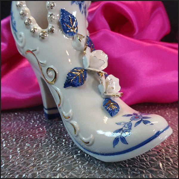 1960s Big Vintage Porcelain Shoe Blue n Gold Flowers