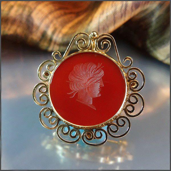 1950s Vintage 12kt GF Gold Cameo Pin Carved Carnelian 