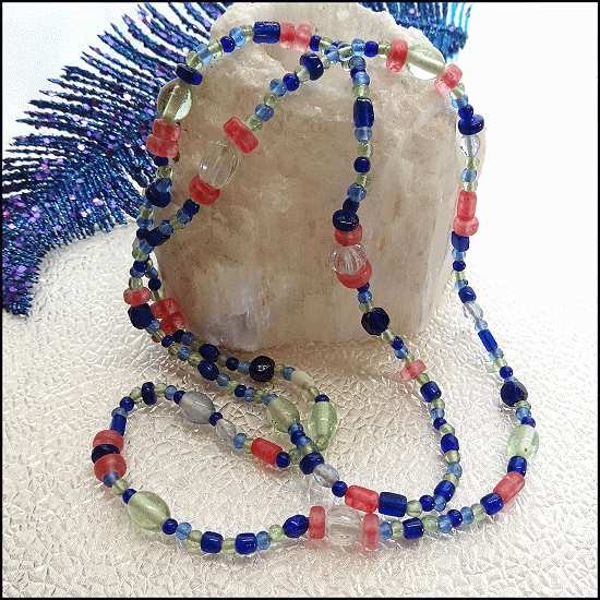 1970s Rare Venetian Cobalt n Pink Glass Long Vintage Necklace
