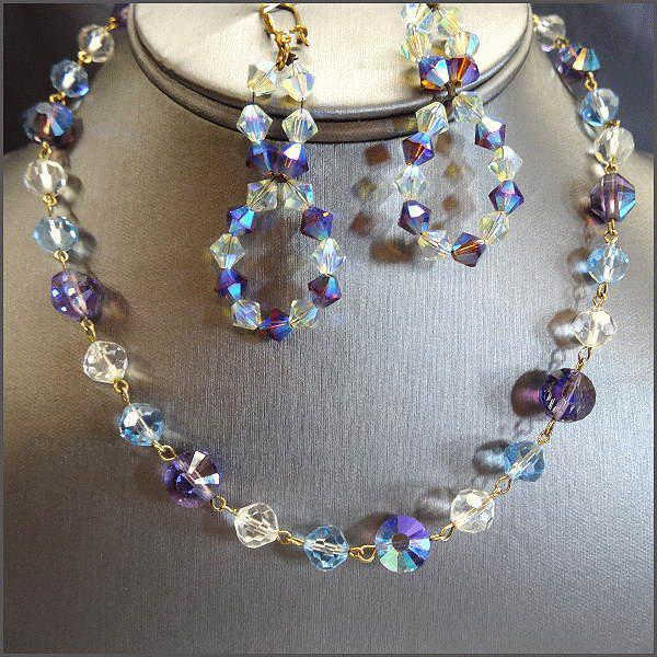 1950s Icy Blues Vintage Crystal Necklace Earrings Set