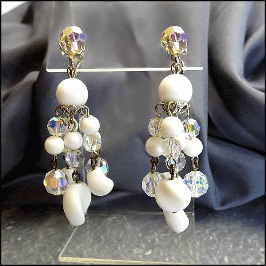 1950s Vintage Milk Glass Clip Earrings Dangles w Austrian Crystals 
