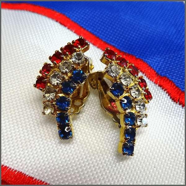 1960s Petite Rhinestone Patriotic Flag Vintage Clip Earrings
