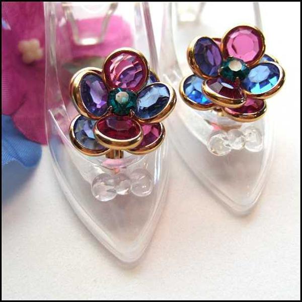 1960s Vintage Swarovski Crystal Earrings Petite Pink Blue Flowers