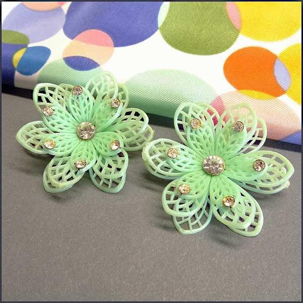 1960s Vintage Flower Earrings Cool Mint Green Lace Celluloid 