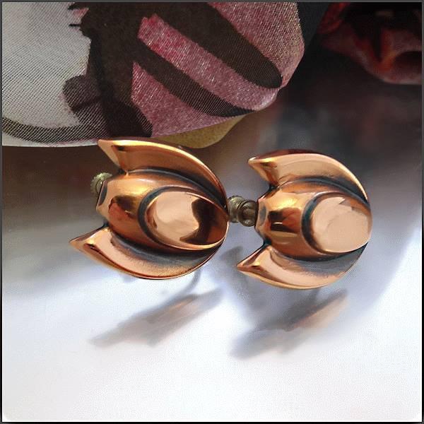 1950s RENOIR Tulip Flower Vintage Copper Earrings
