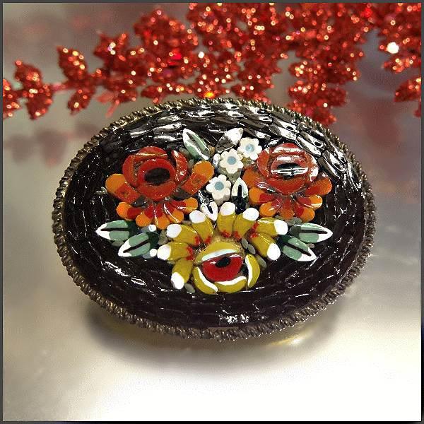 1930s Antique Italian Brooch Black Caned Glass Mosiac Flowers Pin