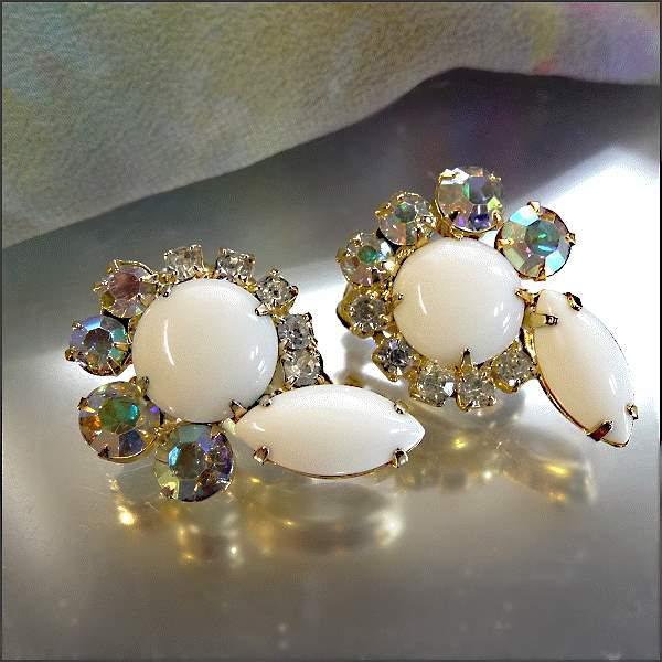 1950s Juliana Vintage Clip Earrings Milk Glass w Pastel AB Rhinestones