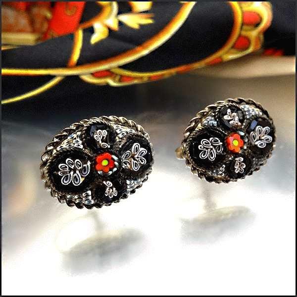 1940s Vintage Earrings Italian Black n White Mosaic Glass Flowers 