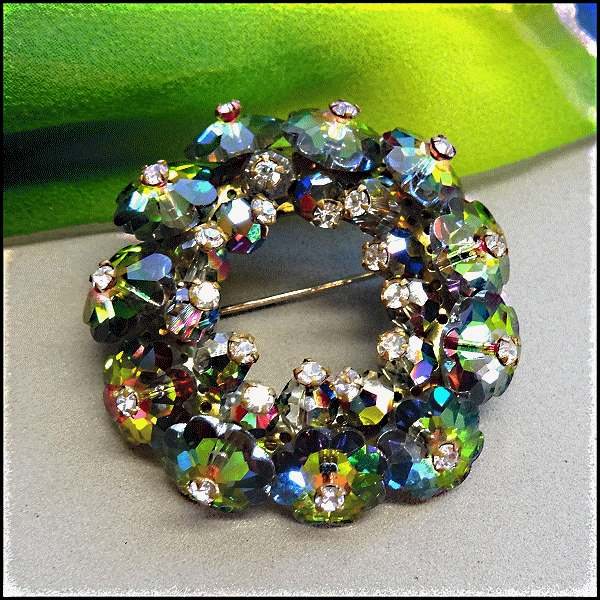 1950s Watermelon Rivolis Vintage Crystal Brooch Sherman
