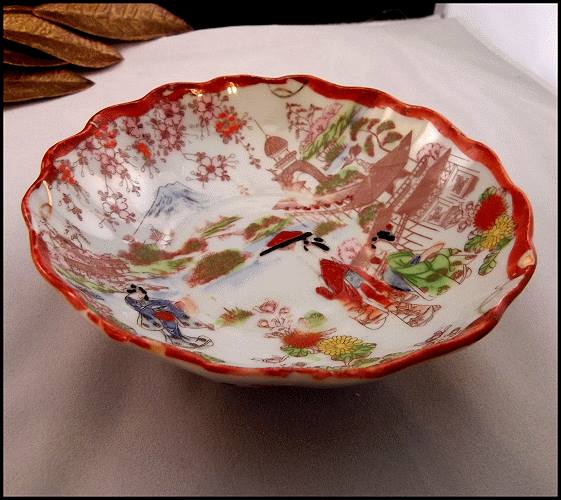 Early 1900s Antique Oriental Mt Fuji Geisha Porcelain HP Bowl