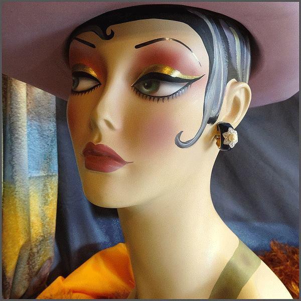 Designer Signed Elegant Navy Hoops w Crystals Cultured Pearl Vintage Clip Earrings