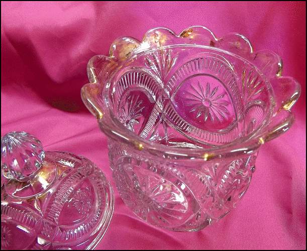 1908 Antique EAPG Glass Candy Dish Apothecary Jar Pleated Medallion