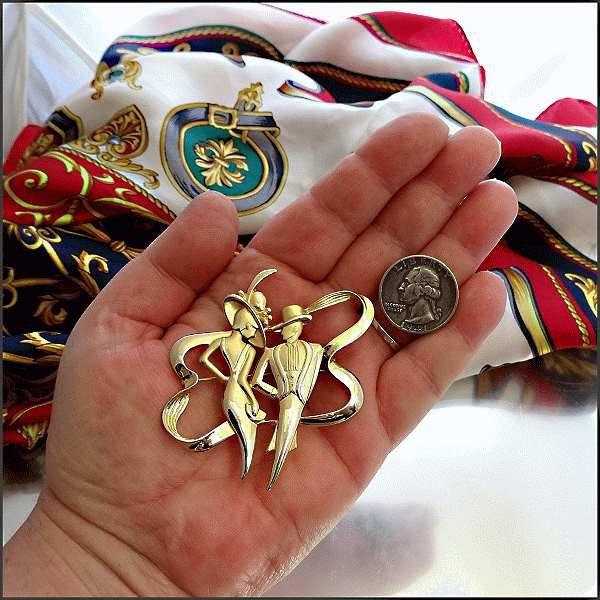 1970s Vintage Art Deco Lady n Man Big Gold Brooch Signed JONET 