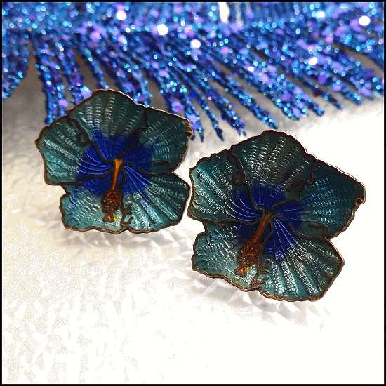 1950s French Cloisonne Vintage Copper Earrings Blue Orchids