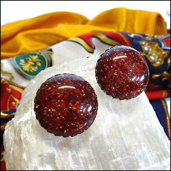 1950s Vintage Confetti Lucite Clip Earrings Red Gold Buttons Signed CORO