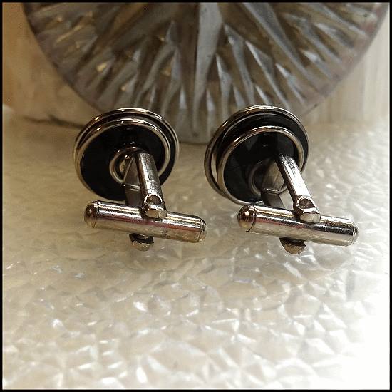1950s Black Silver Spiral Atomic Age Orbs Vintage Cufflinks