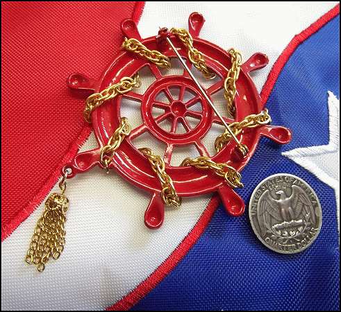 1960s Nautical Vintage Brooch Big Red Ships Wheel 