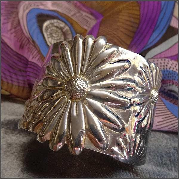 1980s Signed 925 Sterling Sunflower Wide Vintage Cuff Bracelet
