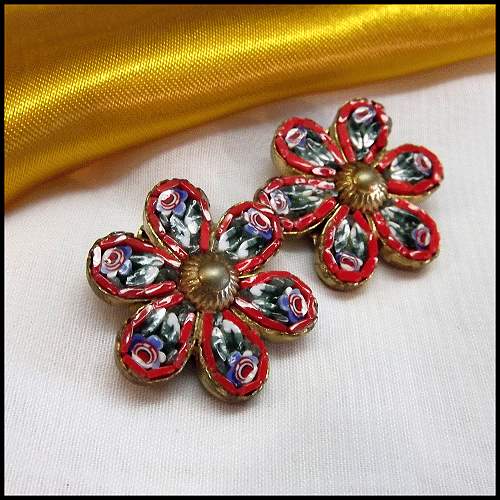 1940s Vintage Earrings Italian Red Glass Mosaic Flowers